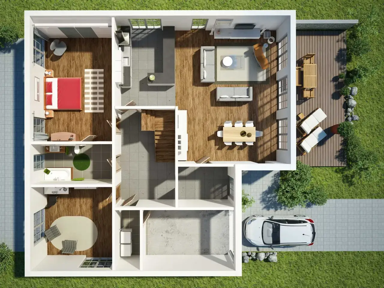 Grundriss eines modernen Hauses mit Schlafzimmer, Wohnbereich, K&uuml;che, Bad und Terrasse. Ein Auto parkt auf der Auffahrt. Der hausbau architekt hat hier ein sch&ouml;nes Design entworfen.