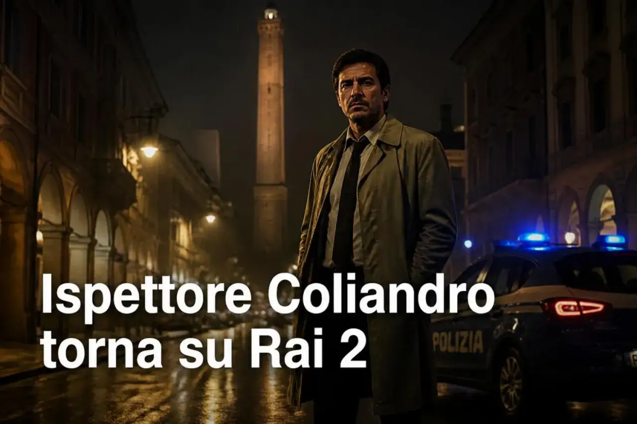 Ispettore Coliandro, stagione 9: l'ispettore torna su Rai 2, con una volante della polizia e la Torre degli Asinelli sullo sfondo.