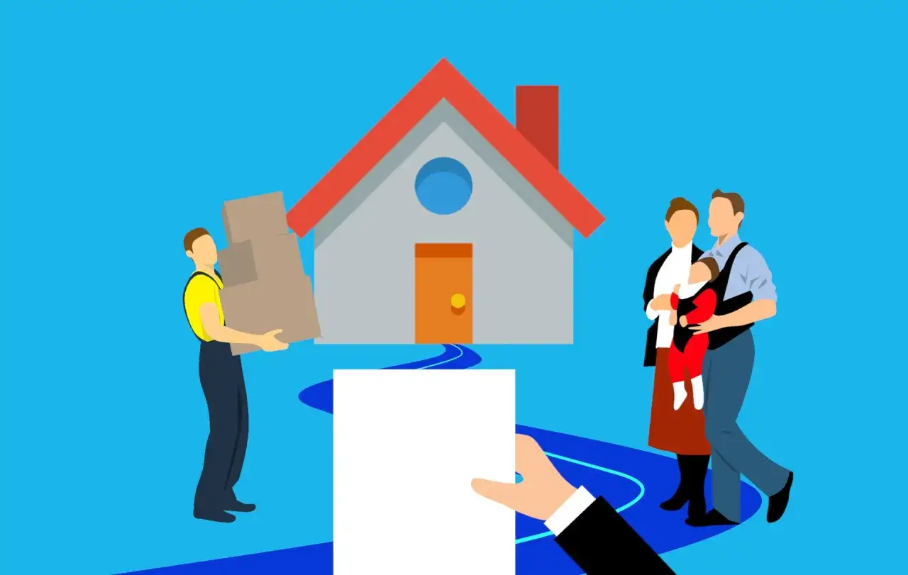 Famiglia si trasferisce in una nuova casa. Un uomo porta scatoloni, mentre una coppia con bambino cammina verso l'abitazione. L'immobile intestato ad un solo coniuge in comunione dei beni &egrave; al centro.