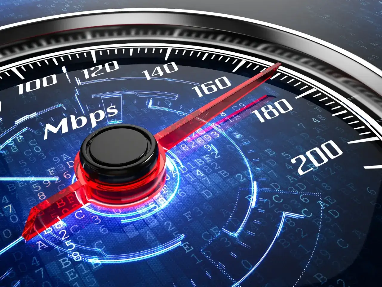 Prędkościomierz pokazuje wysokie **mbps co to** znaczy szybki internet. Igła wskazuje ponad 180 Mbps.