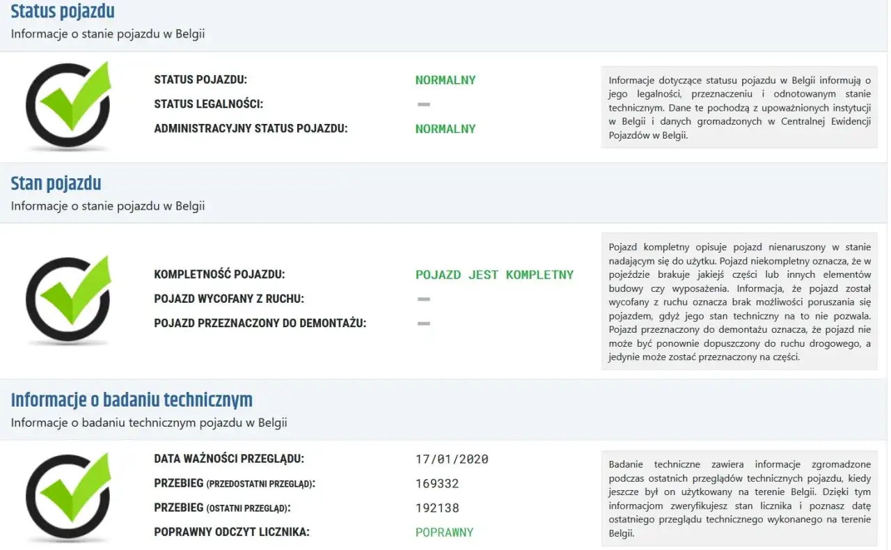 Informacje o stanie pojazdu w Belgii: status normalny, pojazd kompletny. Sprawdź, jak sprawdzić auto z Belgii, analizując dane techniczne i przebieg.