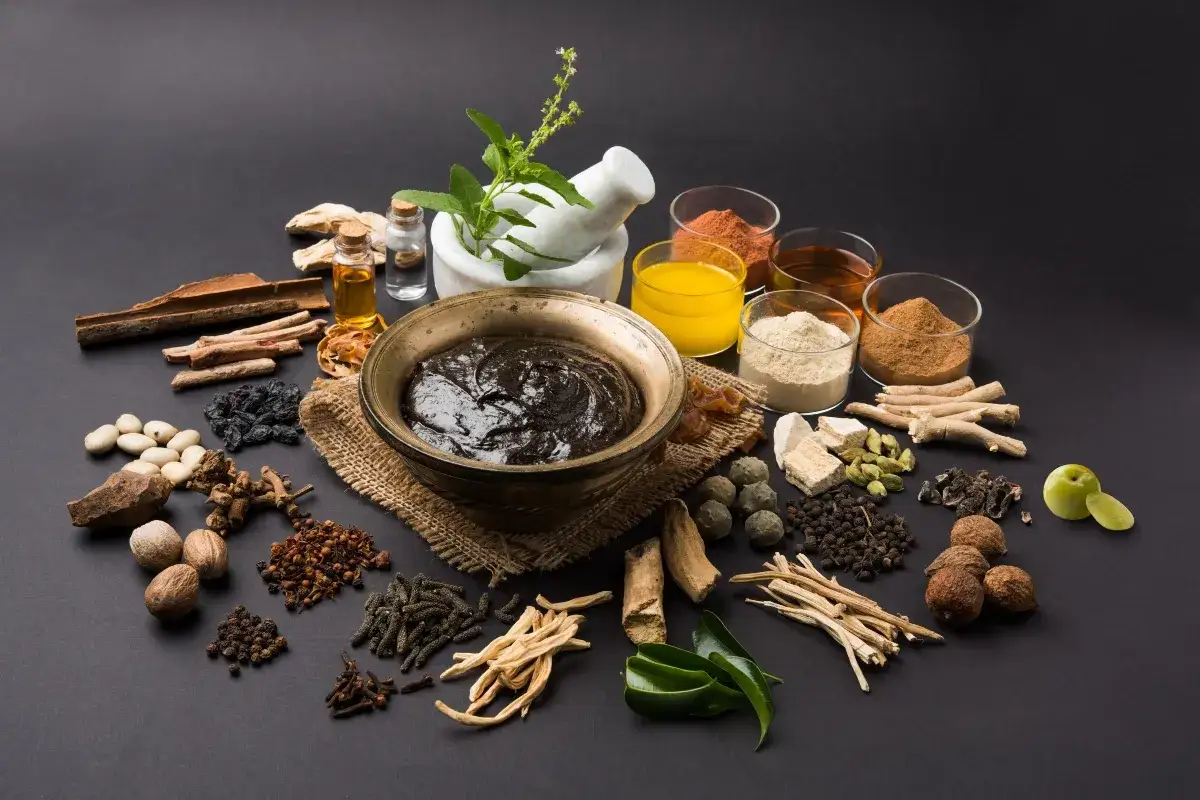 Ayurvedische Kräuter, Öle und Pulver, die die ojas bedeutung von Vitalität und Wohlbefinden verkörpern.