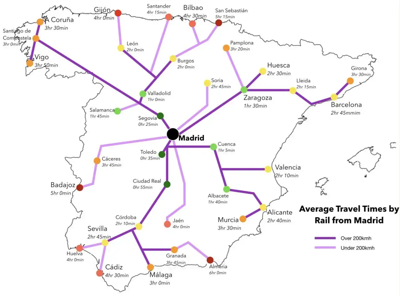 Karta som visar t&aring;gresor fr&aring;n Madrid. En resa med t&aring;g fr&aring;n Stockholm till Malaga &auml;r inte direkt m&ouml;jlig, men kartan visar hur man kan resa med t&aring;g inom Spanien.