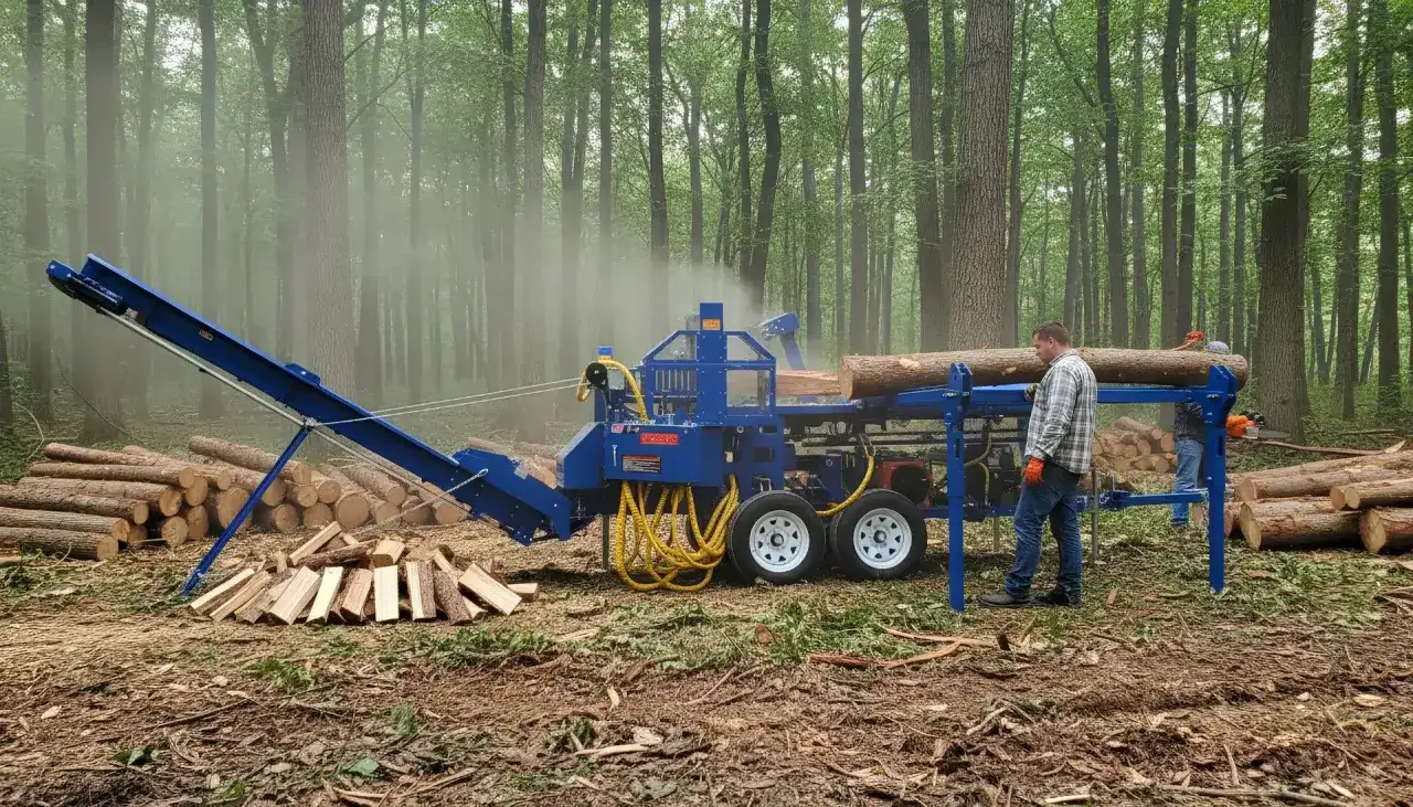 Zwei M&auml;nner arbeiten mit mobilen F&ouml;rderb&auml;ndern im Wald, um Holz zu spalten.