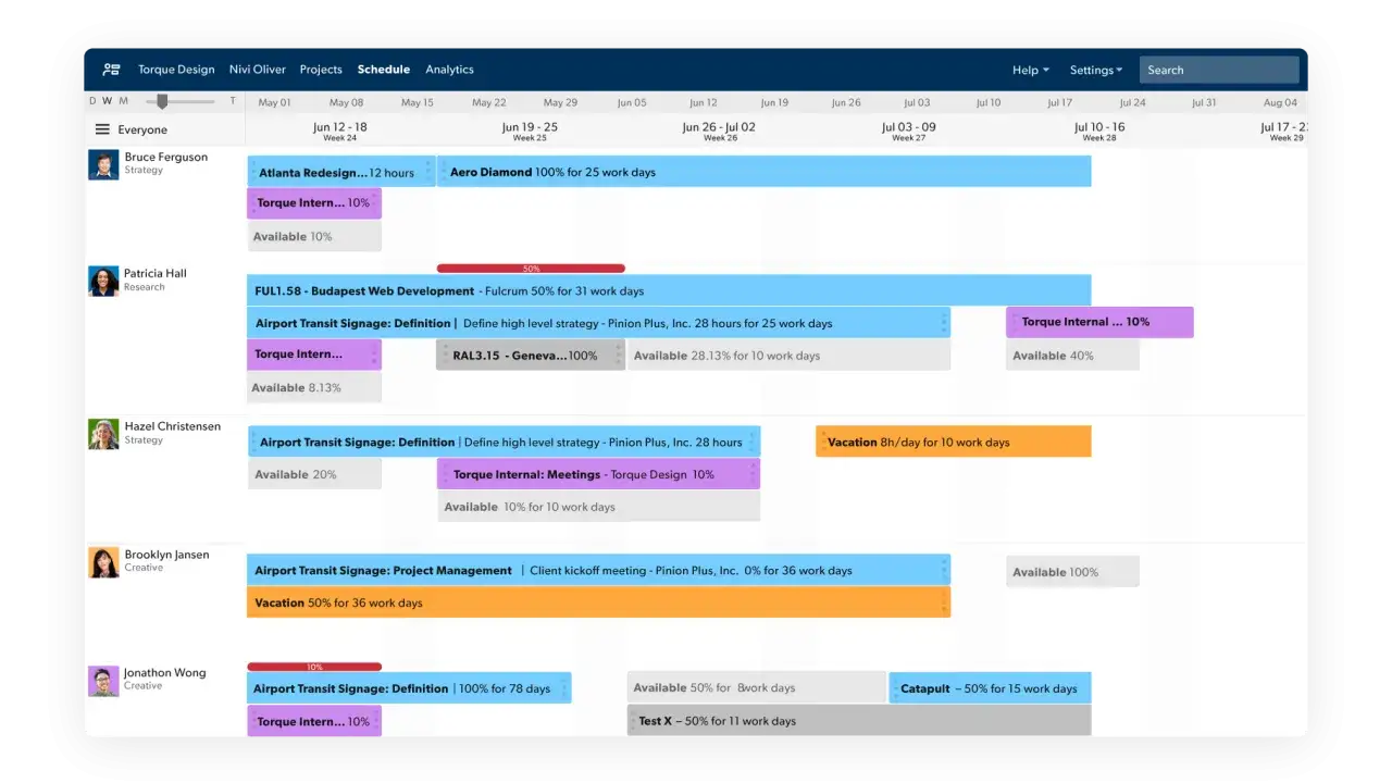 Pianificazione progetti e gestione risorse: Gantt con attività, disponibilità e ferie per Bruce, Patricia, Hazel, Brooklyn e Jonathon.
