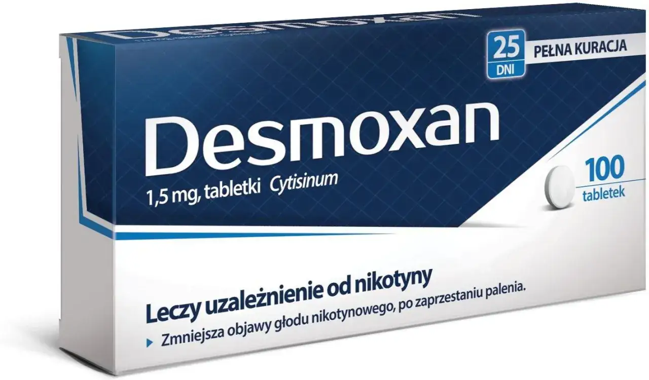 Opakowanie tabletek na rzucenie palenia Desmoxan. Leczy uzależnienie od nikotyny, zmniejsza głód nikotynowy. Pełna kuracja 25 dni, 100 tabletek.