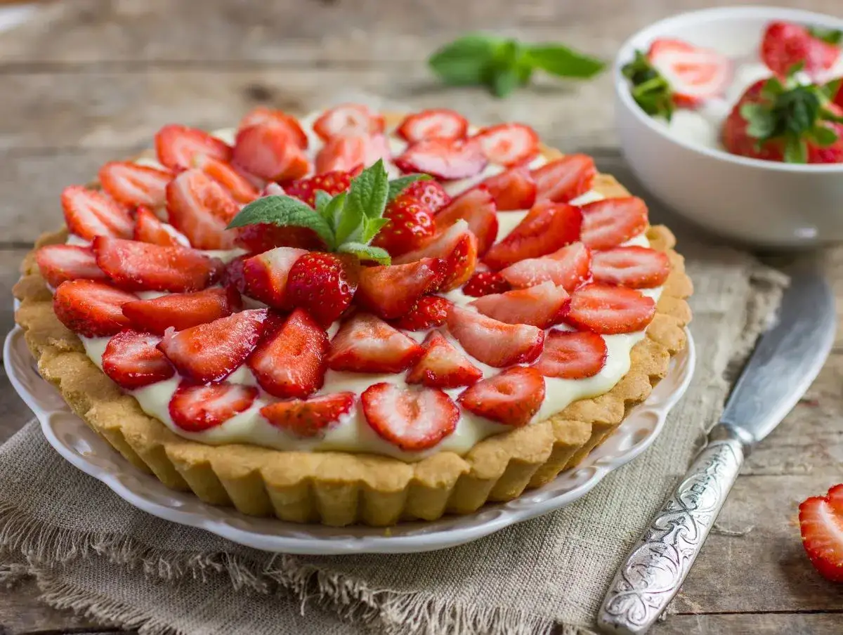 Pyszna tarta z truskawkami, udekorowana listkami mięty, na drewnianym blacie. Obok miseczka ze śmietaną i truskawkami.