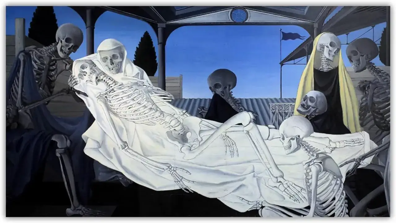 A surreal scene from Paul Delvaux paintings: skeletons gather around a draped figure, evoking a macabre yet strangely serene tableau under a twilight sky.