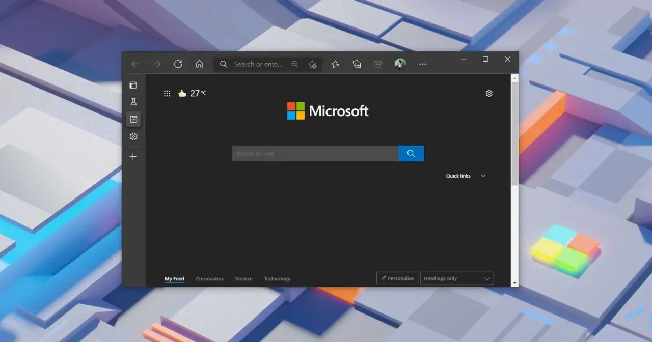 Przeglądarka Edge z logo Microsoft i polem wyszukiwania. Widoczna temperatura 27°C.