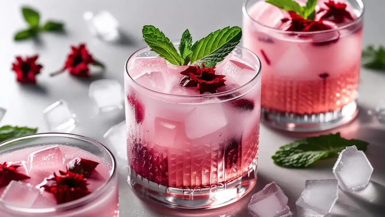 Trois verres de jus de bissap rose vif, garnis de menthe fraîche et de fleurs d'hibiscus, avec des glaçons et des pétales éparpillés.