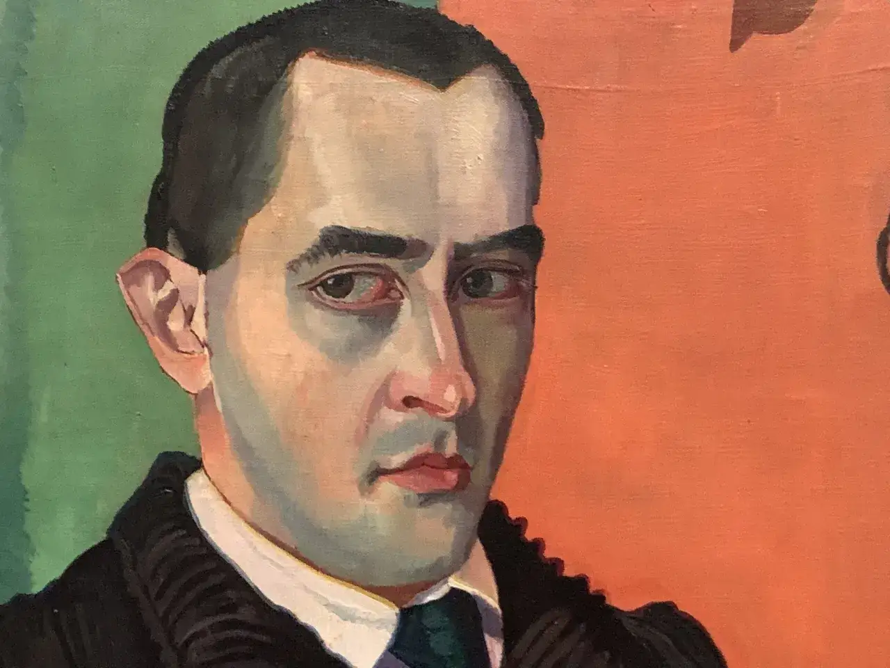 Portret mężczyzny w garniturze, z charakterystycznym spojrzeniem, namalowany w stylu Witkacego.