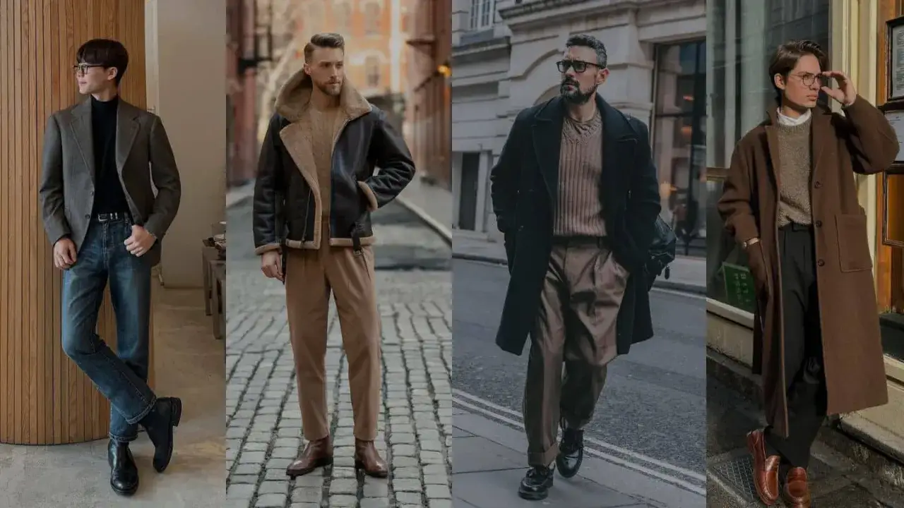 Quattro uomini con un look smart elegant dress code uomo: blazer, giacche in pelle, cappotti, pantaloni eleganti e jeans.