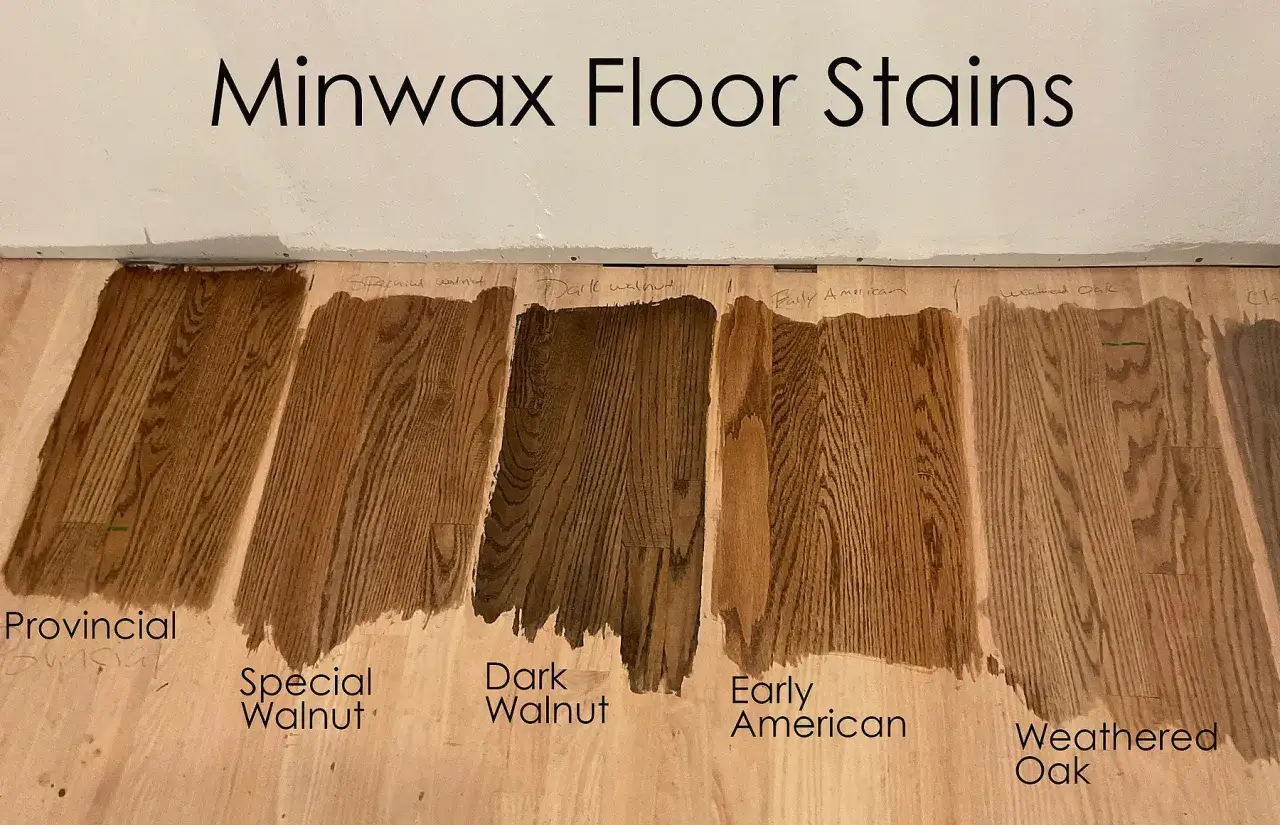 Minwax floor stain color chart showing Provincial, Special Walnut, Dark Walnut, Early American, and Weathered Oak on wood planks.