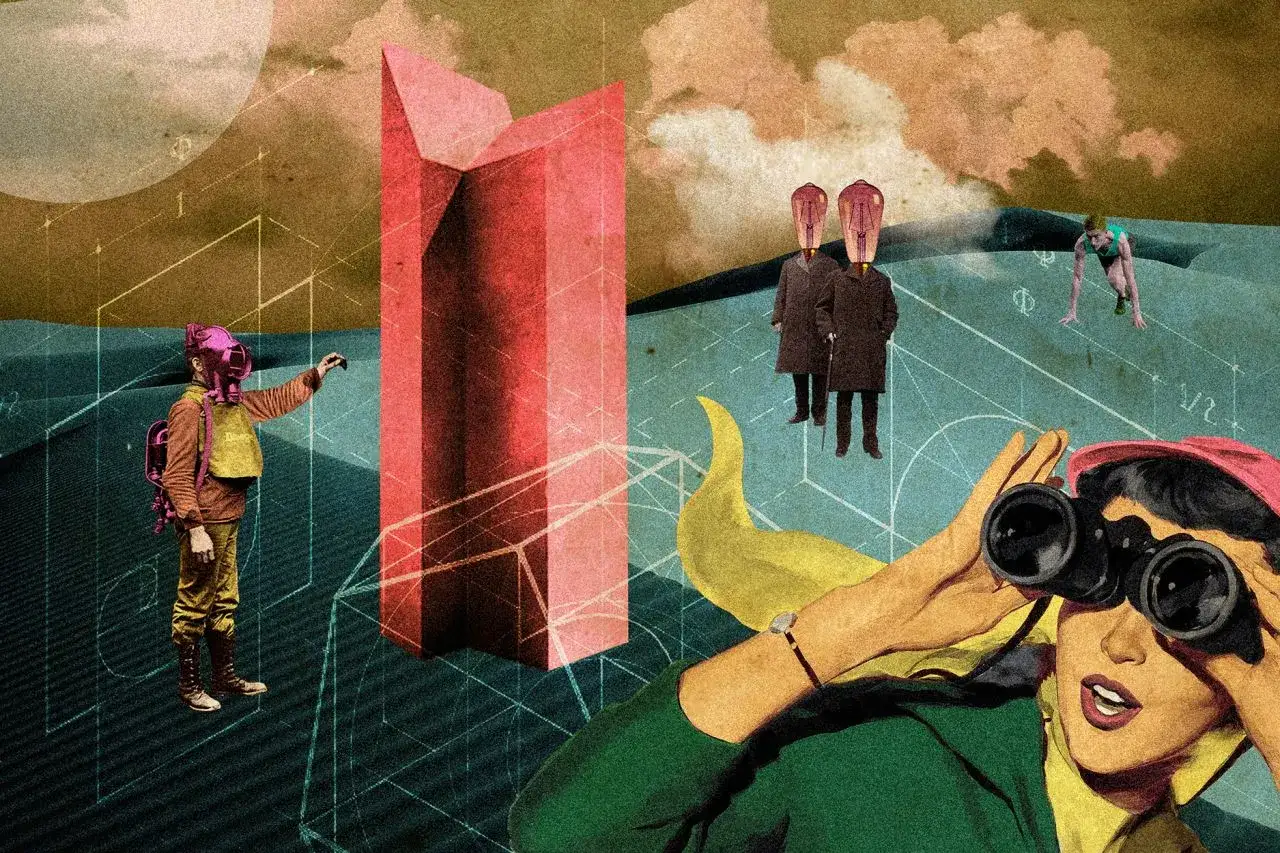 Surreal collage with 90s art styles: figures with lightbulb heads, a diver, and a woman with binoculars explore a geometric landscape.