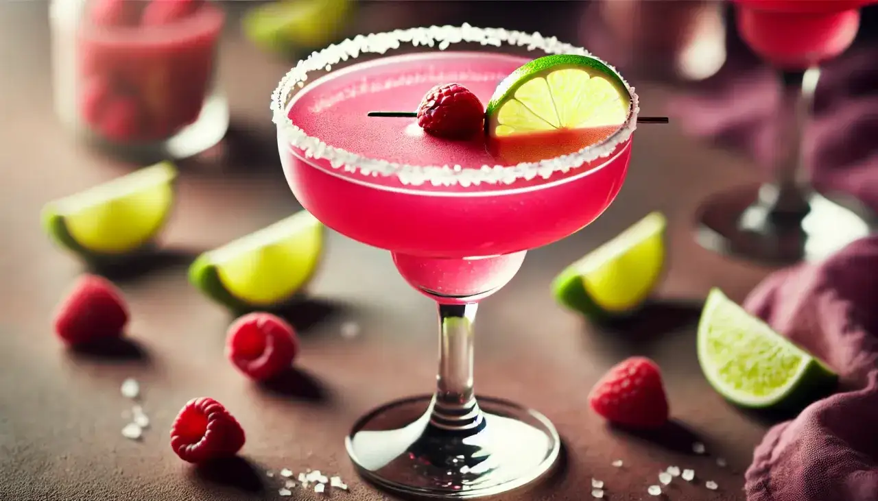 Idealny Spicy Margarita przepis: różowy drink z maliną i limonką, ozdobiony solą. Idealny na letnie wieczory.