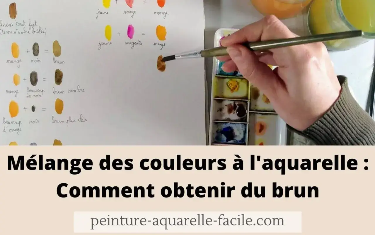 Exemple de comment faire du marron en peinture acrylique avec des m&eacute;langes de couleurs. Une main tient un pinceau tremp&eacute; dans de la peinture marron.