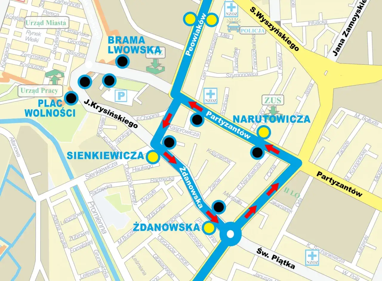 Mapa Zamościa z zaznaczonymi przystankami i trasami autobusów MZK. Rozkład jazdy widoczny na mapie.