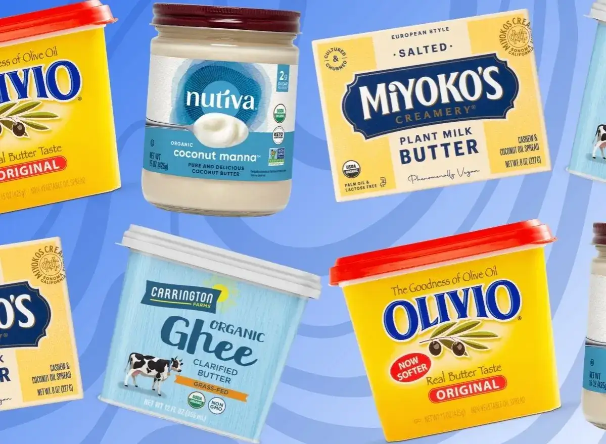 Czy masło roślinne jest zdrowe? Na zdjęciu różne rodzaje masła: Olivio, Nutiva, Miyoko's, Carrington Farms Ghee.