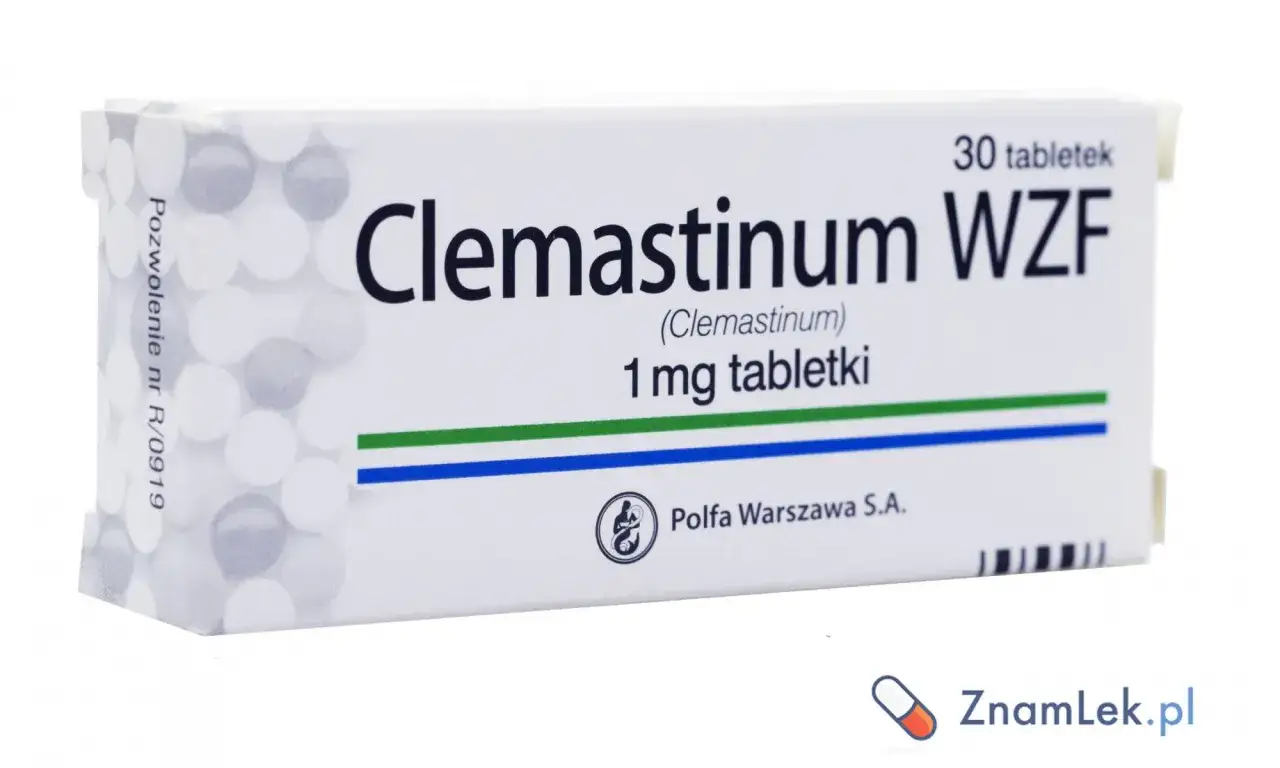 Opakowanie leku Clemastinum WZF, 1 mg tabletki, stosowanego na alergie i swędzenie. 30 tabletek.