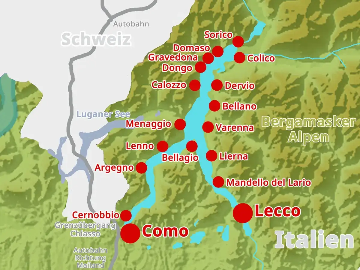 Karte des Comer Sees mit Orten wie Como, Bellagio und Lecco. Die Autobahn Richtung Mailand ist eingezeichnet.