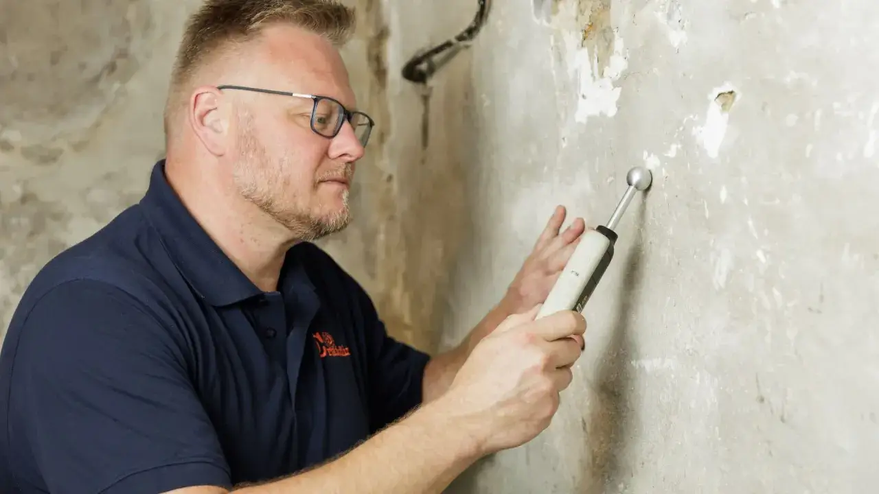 Mann misst Feuchtigkeit an Wand, um Schimmel im Keller zu entfernen. Putz wird untersucht.