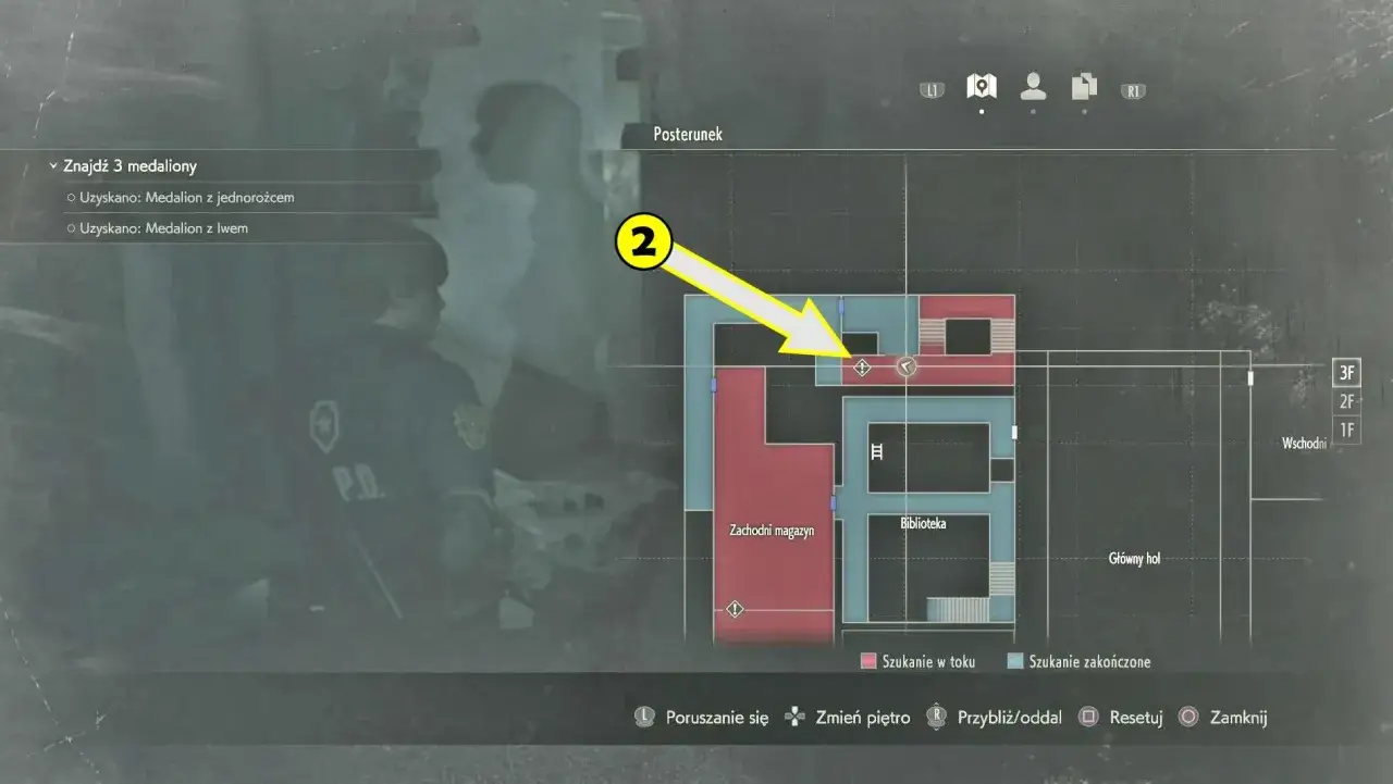 Mapa z Resident Evil 2, wskazująca lokalizację do odnalezienia medalion&oacute;w. Szukasz sejf&oacute;w?