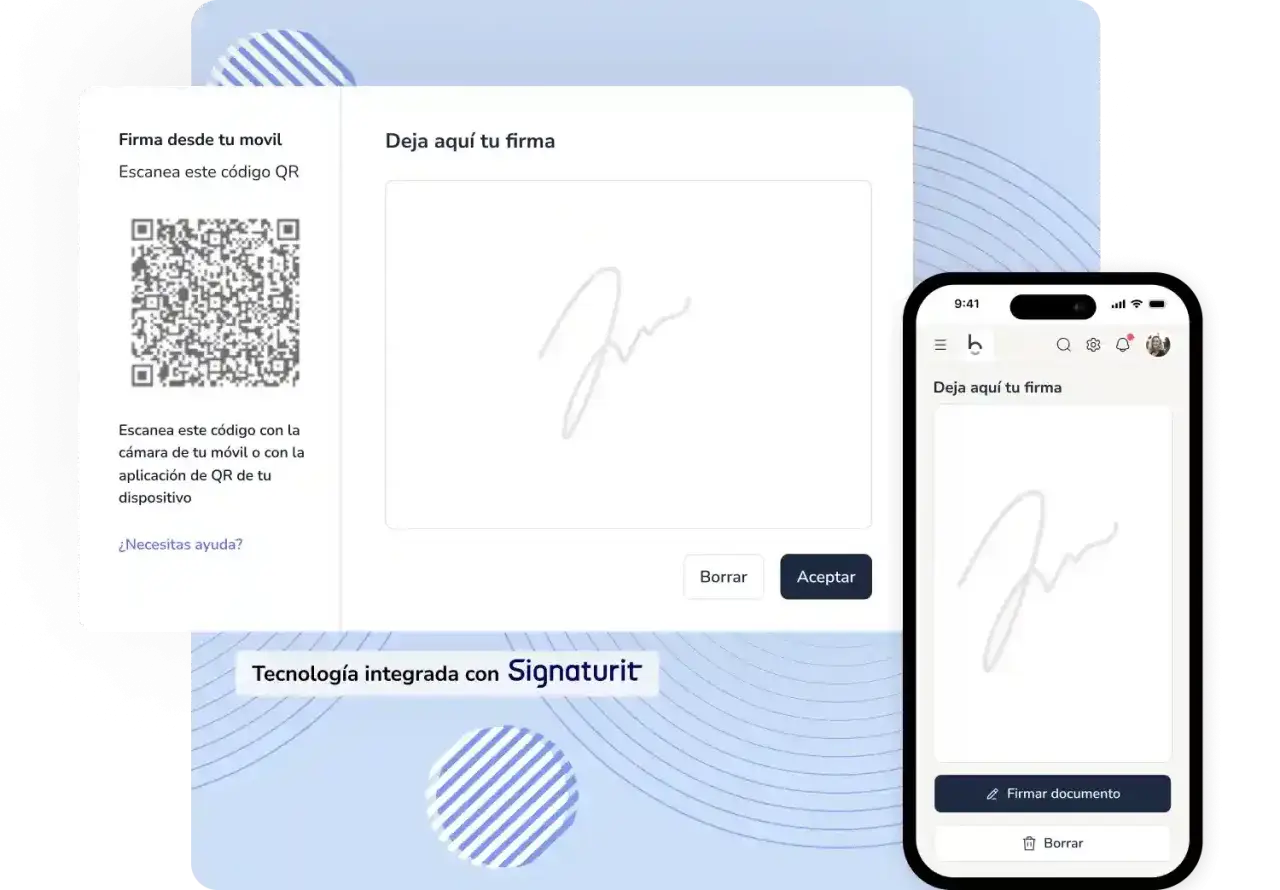 Interfaz para ejemplo firma contrato: escanea QR desde móvil para firmar digitalmente.