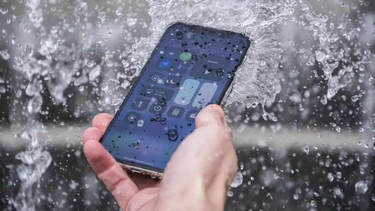 Smartfon ip67 pod strumieniem wody, z kroplami na ekranie.
