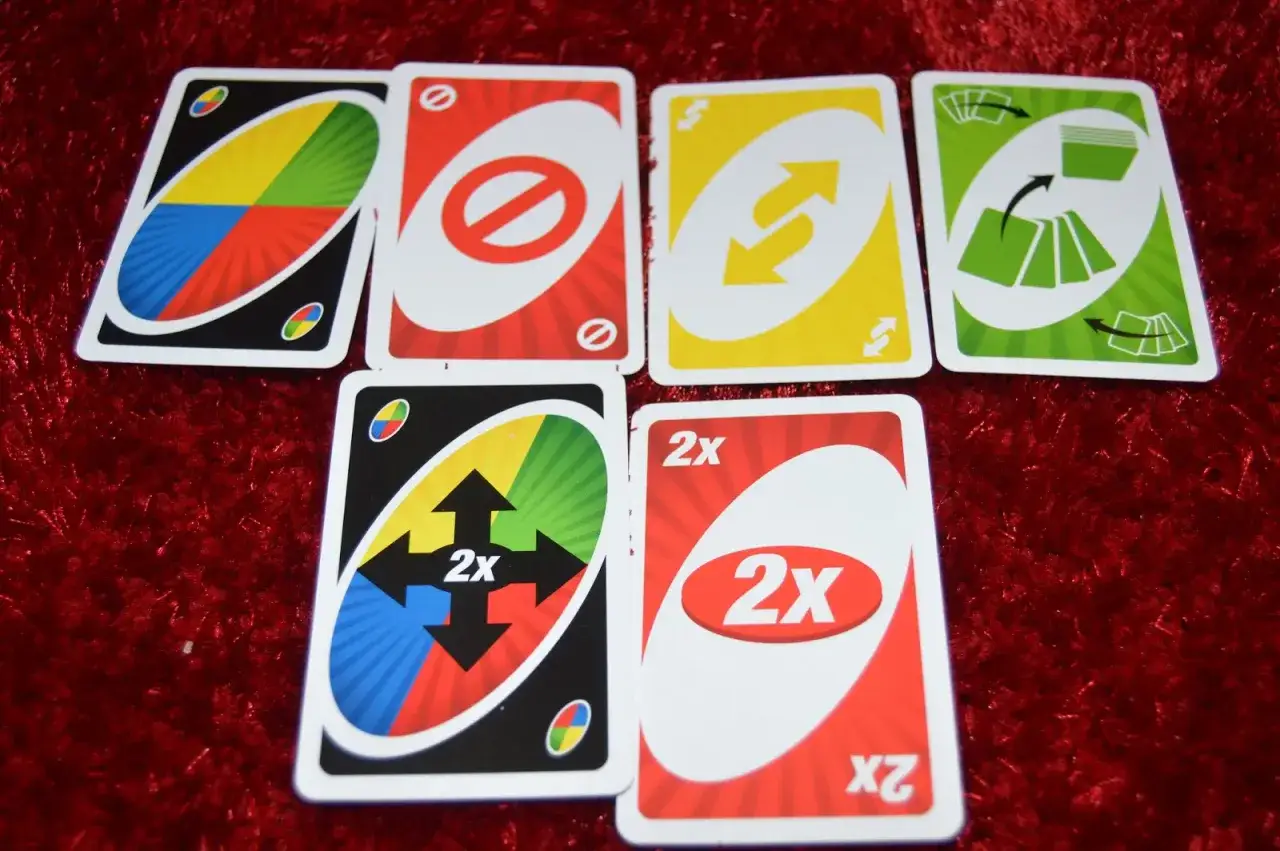Karty UNO: dzika, blokada, zmiana kierunku, zielona akcja, czarna akcja 2x, czerwona 2x. Gra w UNO extreme zasady!