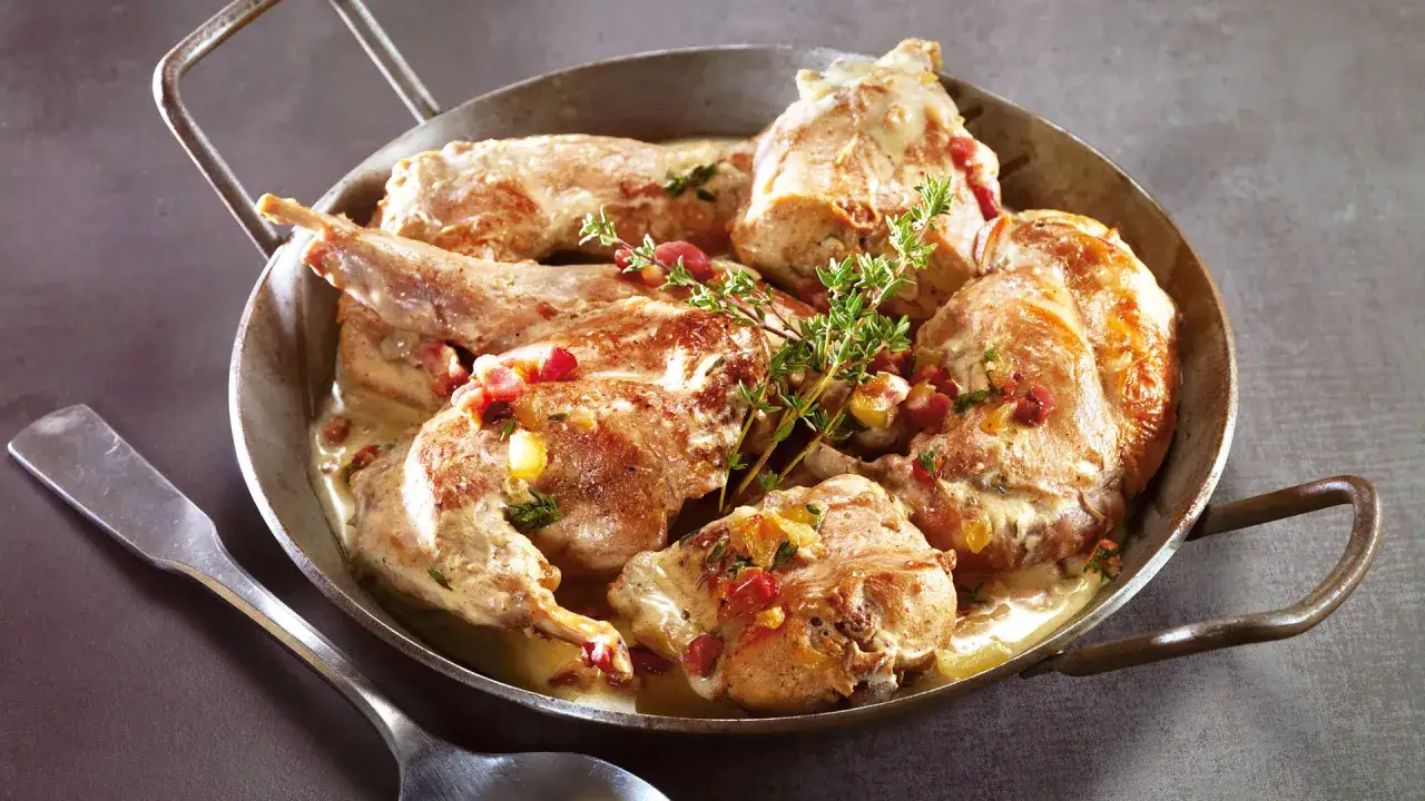 Zarte Stücke von kaninchen braten in der pfanne, serviert in einer cremigen Sauce mit Kräutern und Speckwürfeln.