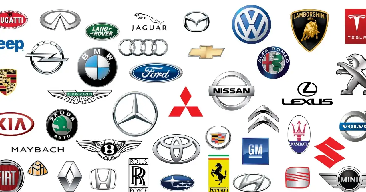 Kolekcja logotypów znanych marek samochodowych, w tym Bugatti, BMW, Ford, Chevrolet, a także marki należące do General Motors.