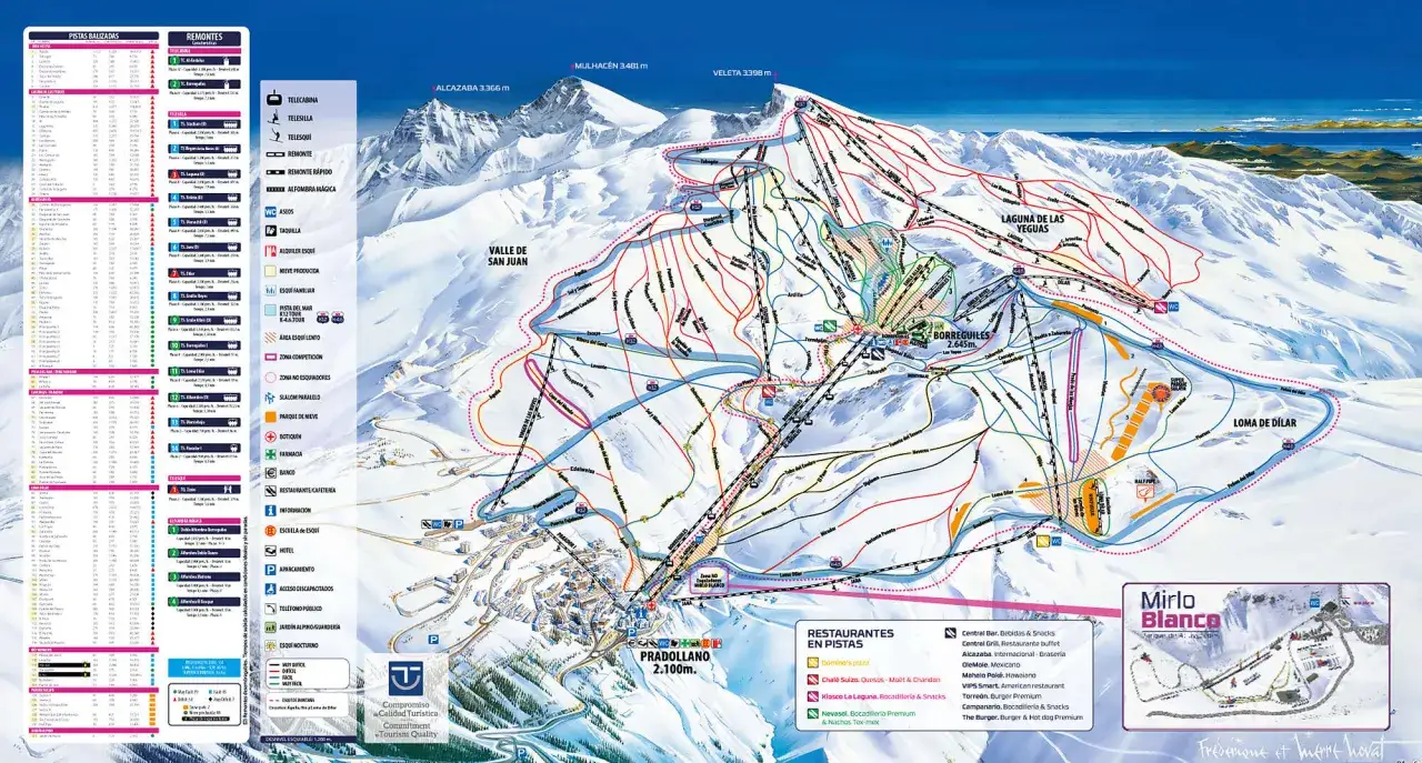 Pistenplan der Skigebiete Spanien: Sierra Nevada mit Pisten, Liften und Restaurants.