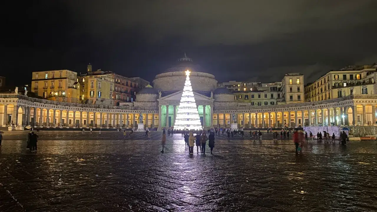 Piazza del Plebiscito illuminata da un grande albero di Natale, un'opera creata per mano mia.