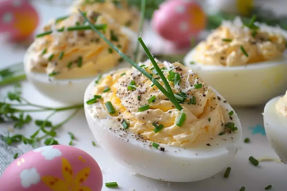 Œufs mimosa garnis de ciboulette et de poivre, prêts pour Pâques.