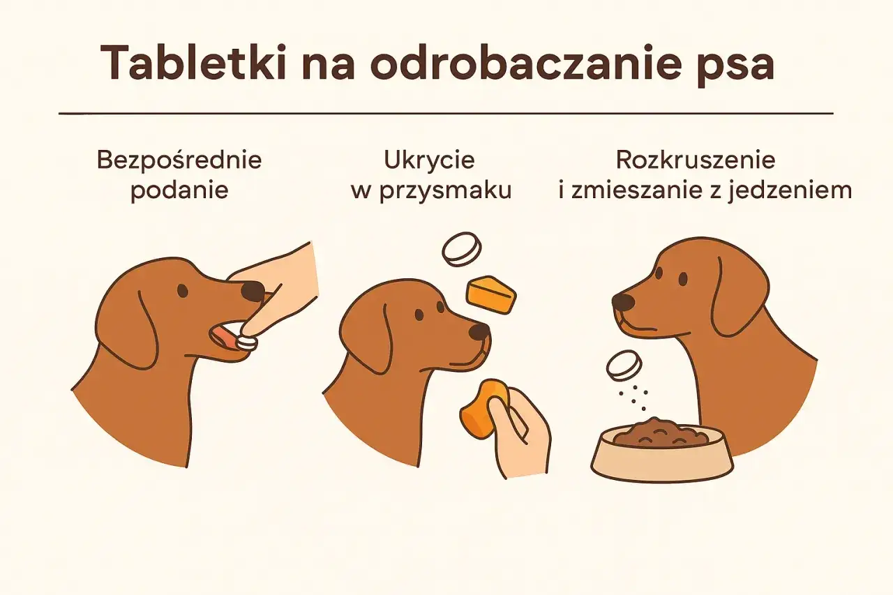 Trzy sposoby podania tabletki na odrobaczenie psa: bezpośrednio, w przysmaku lub rozkruszoną w jedzeniu. Działanie tabletki na odrobaczenie psa jest szybkie.