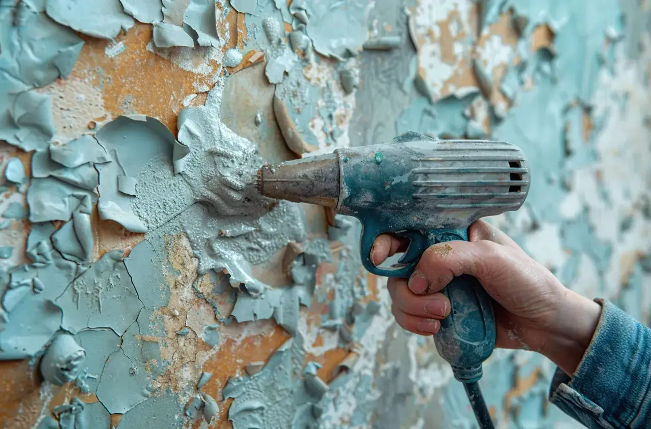 Rimuovere la vernice a smalto dal muro con un attrezzo. La vernice bluastra si stacca in grandi scaglie rivelando il muro sottostante.