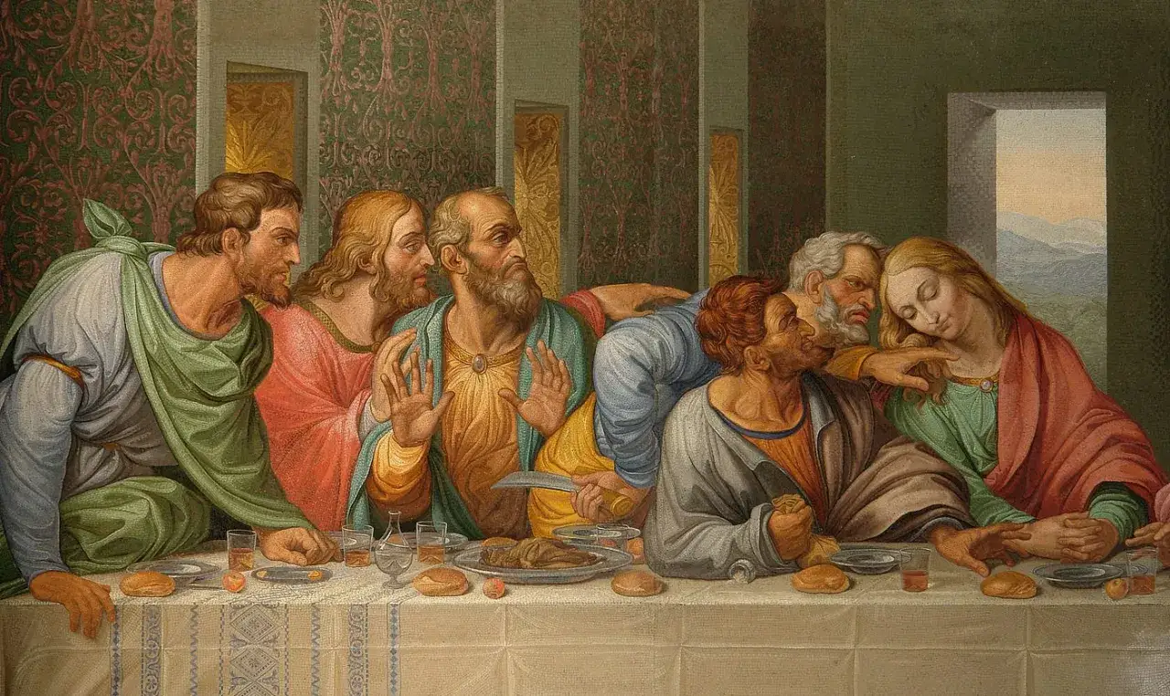 La C&egrave;ne : des personnages aux expressions intenses autour d'une table, certains surpris, d'autres accabl&eacute;s.