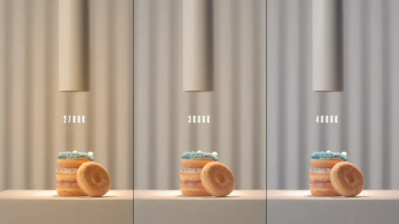 Tres pilas de donuts bajo luces de 2700K, 3000K y 4000K. La luz de 6000K har&iacute;a que los colores de los donuts se vieran a&uacute;n m&aacute;s fr&iacute;os.