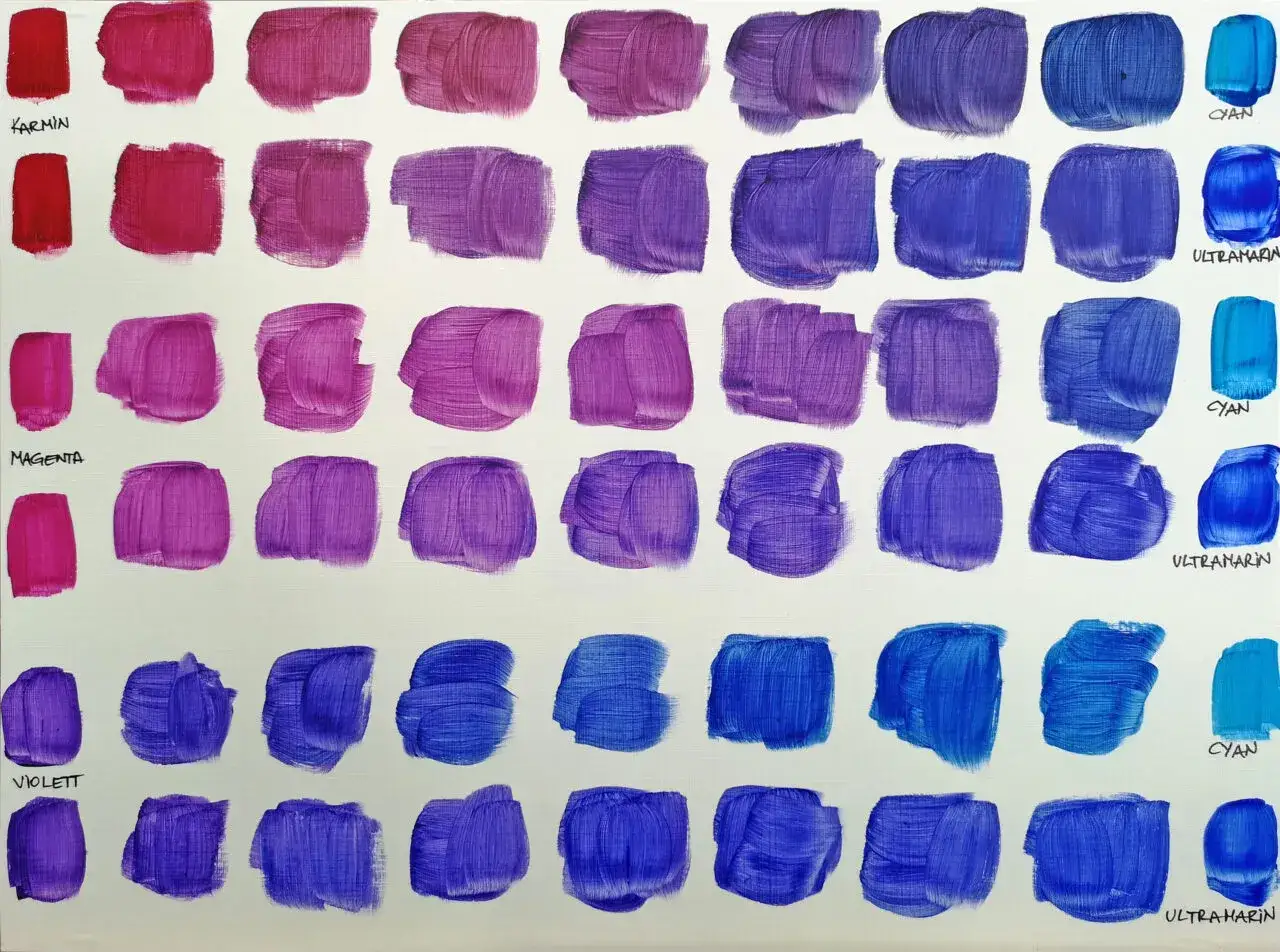 Farbverläufe von Karmin, Magenta und Violett zu Cyan und Ultramarin. Acrylfarben, die das Mischen von Petrol zeigen.