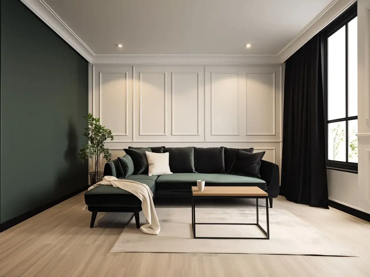 Elegancka kanapa i stylowa sztukateria na ścianach inspiracje do nowoczesnego salonu. Ciemnozielona ściana i czarne zasłony dodają głębi.