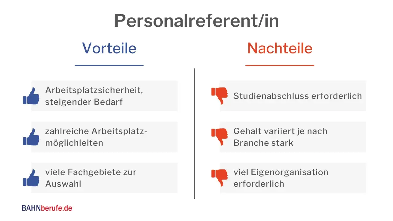Vorteile und Nachteile des Berufs Personalreferent/in: Arbeitsplatzsicherheit, viele M&ouml;glichkeiten, aber auch Studienabschluss n&ouml;tig. Eine gepr&uuml;fte Personalreferentin hat gute Aussichten.