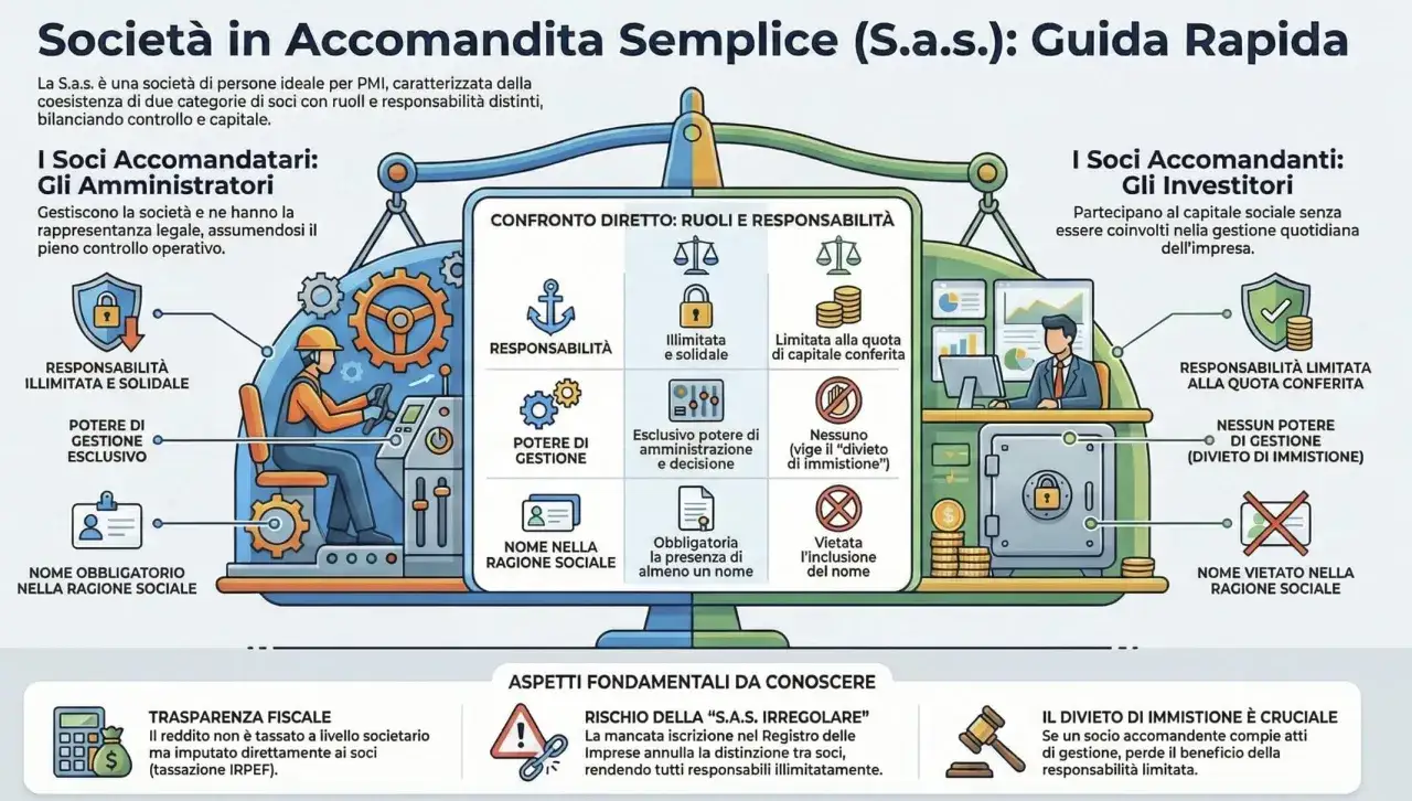 Schema che illustra la S.a.s. (societ&agrave; di persone), con ruoli e responsabilit&agrave; distinti tra soci amministratori e investitori.