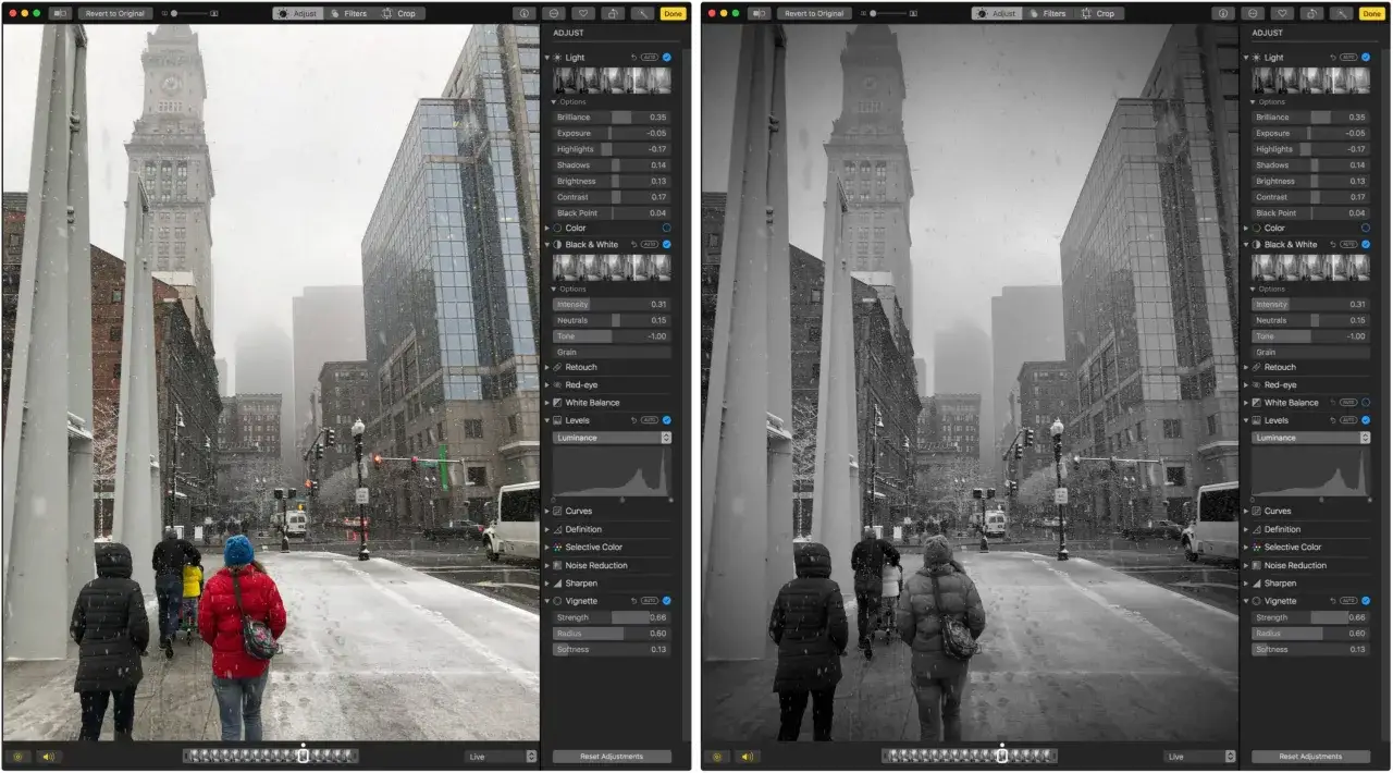 Comparaison d'un logiciel retouche photo automatique : une rue enneigée à Boston, d'abord en couleur puis en noir et blanc, avec des ajustements visibles.