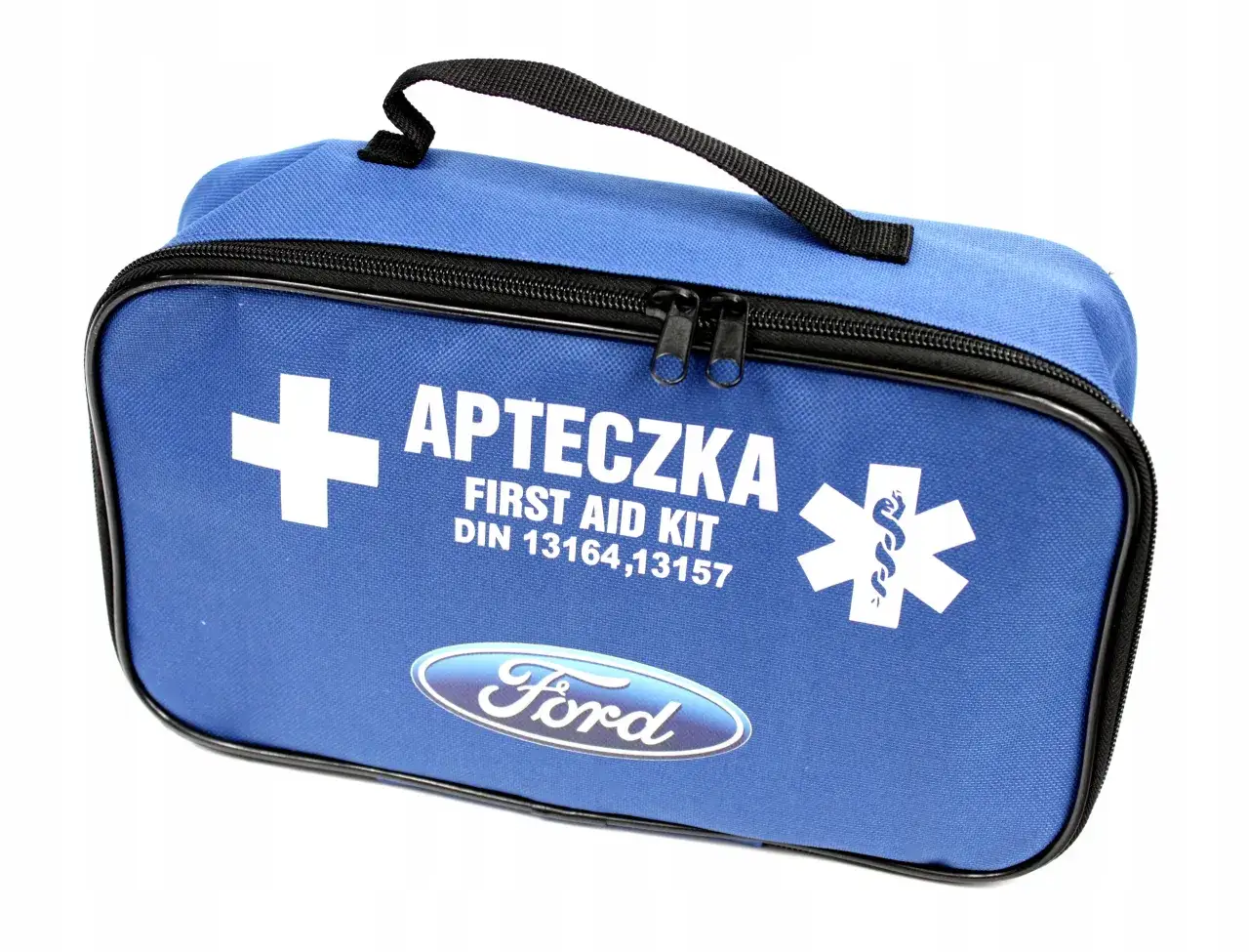 Niebieska apteczka pierwszej pomocy Ford, z białym krzyżem i symbolem medycznym. W środku znajdziemy wszystko, co potrzebne do udzielenia pomocy.