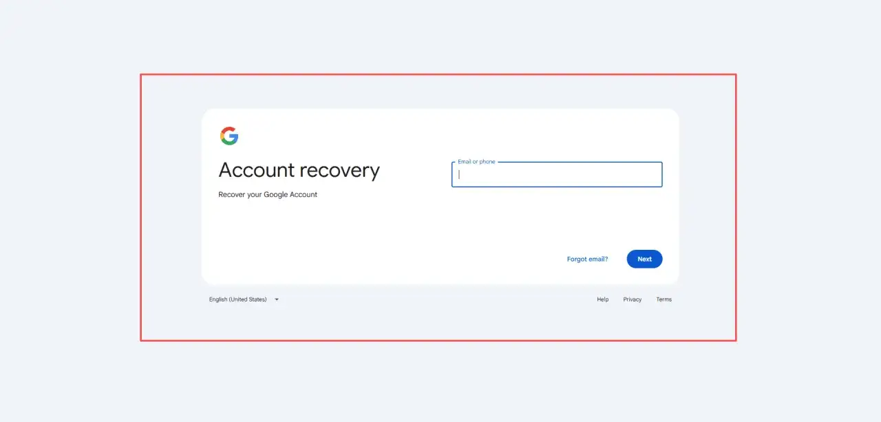 Strona odzyskiwania konta Google. Wpisz swój adres e-mail lub numer telefonu, aby rozpocząć proces odzyskiwania konta Google.