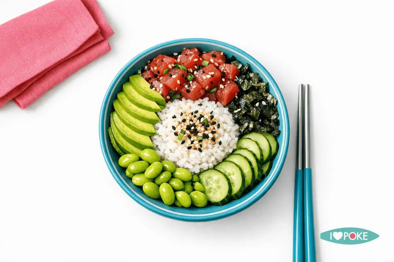 Eine bunte Poke Bowl mit Thunfisch, Reis, Avocado, Edamame und Gurke. Perfekt für eine gesunde Mahlzeit.
