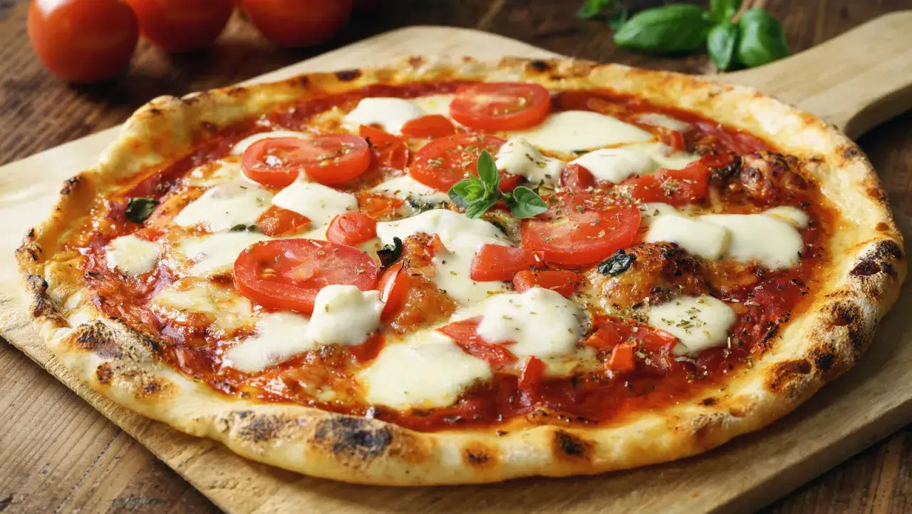 Pyszna pizza z pomidorami i ciągnącą się **mozzarellą**, ozdobiona świeżą bazylią, na drewnianej desce.
