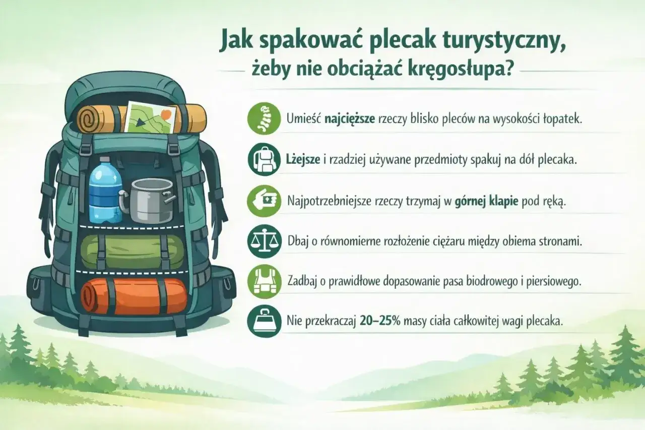 Ilustracja pokazuje, jak prawidłowo spakować plecak turystyczny, by nie obciążać kręgosłupa. Wskazówki dotyczące pakowania plecaka.