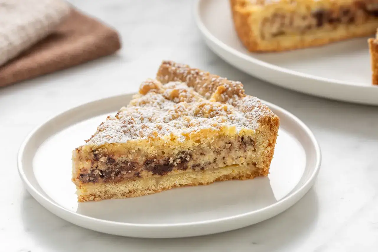 Una fetta di torta ricotta e cioccolato cosparsa di zucchero a velo su un piatto bianco.