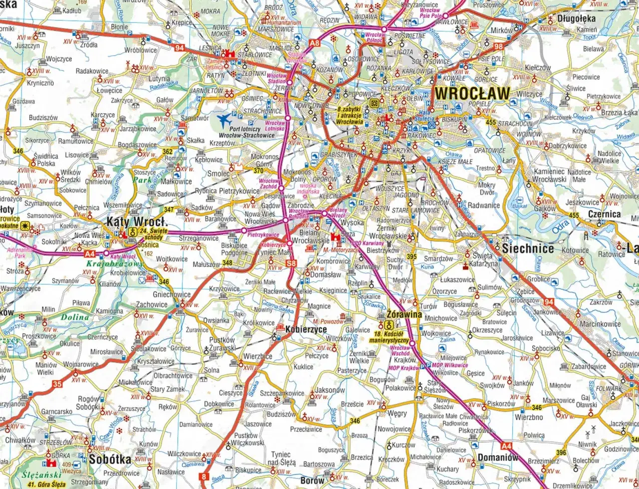Mapa drogowa okolic Wrocławia, z zaznaczonymi drogami, miejscowościami i granicami administracyjnymi. Wrocław województwo.